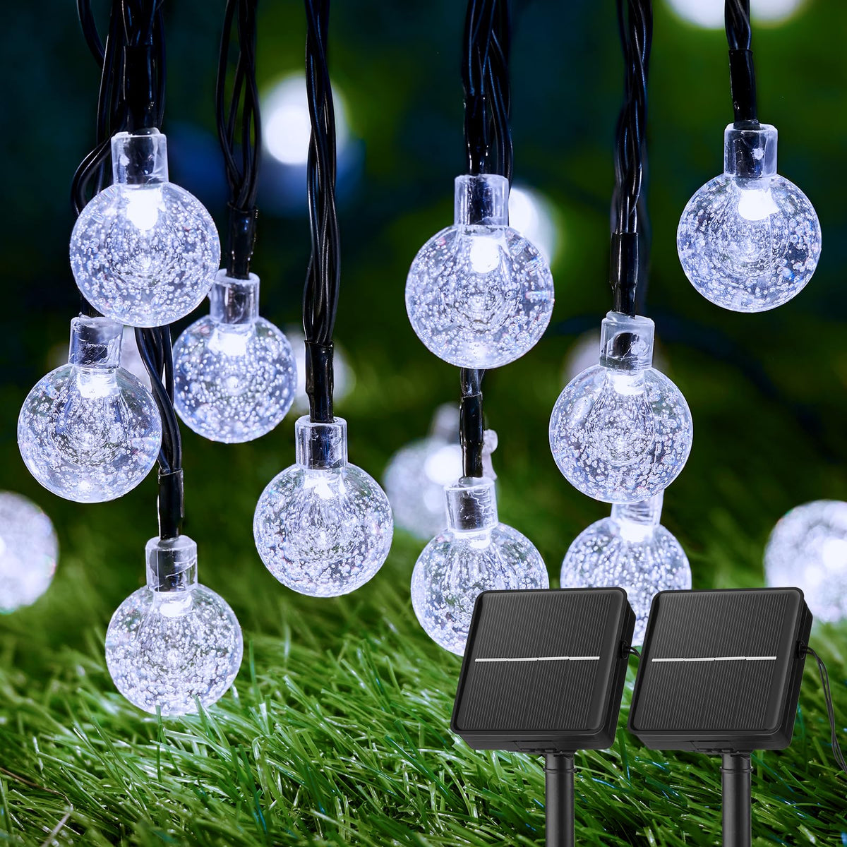 Brightown 2-Pack 72ft solar globe string lights glow over outdoor space.