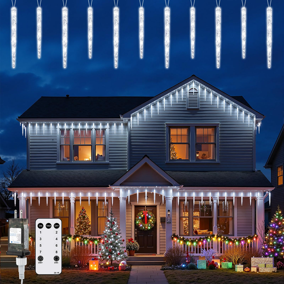 Brightown icicle lights outdoor 20ft with ice-crystal tubes for festive exterior decor