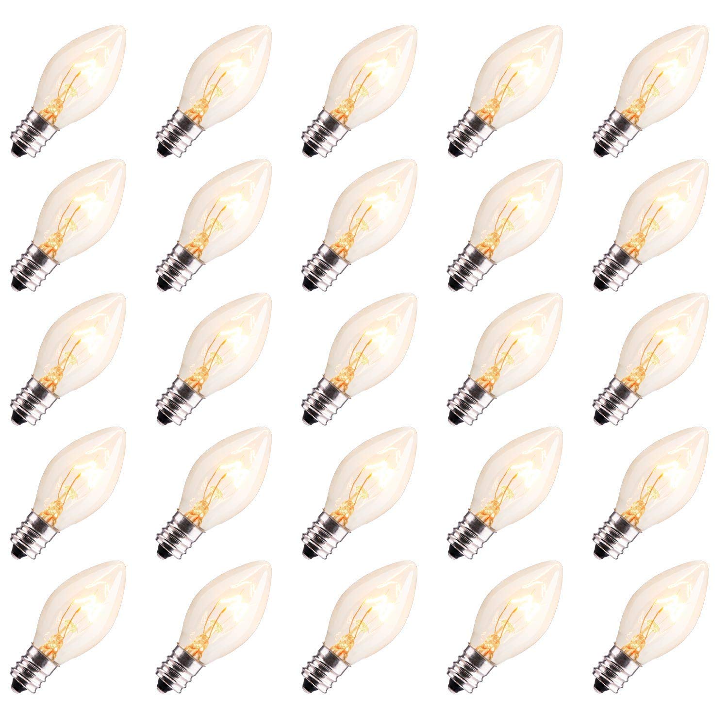 Brightown 25-pack clear Christmas bulbs with E12 base, ideal for string light installations.