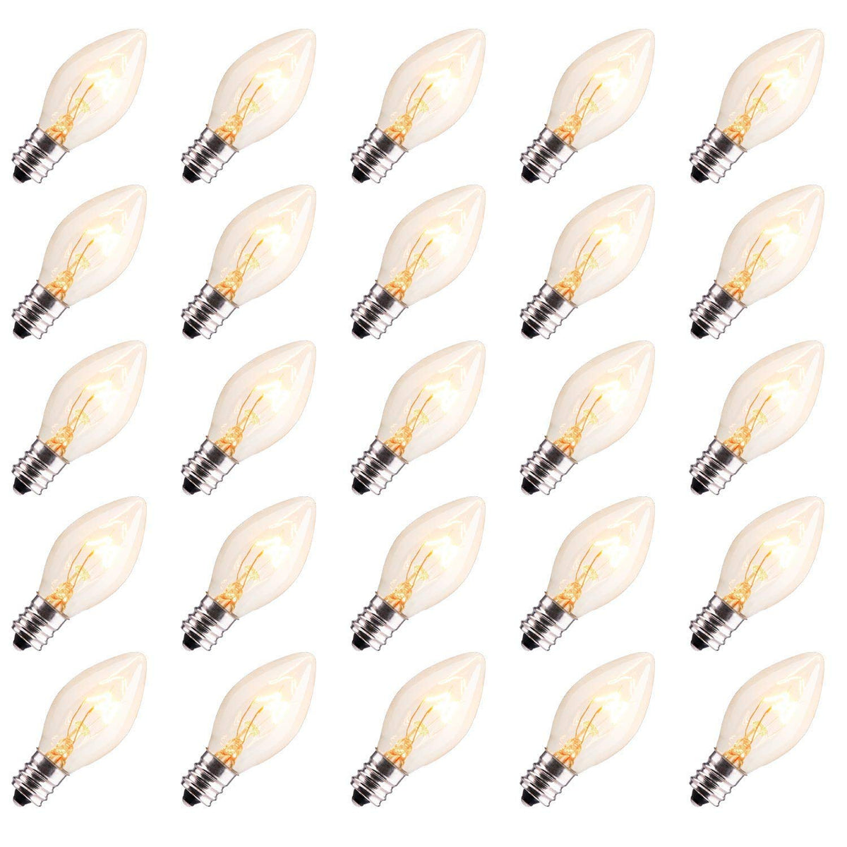 Brightown 25-pack clear Christmas bulbs with E12 base, ideal for string light installations.