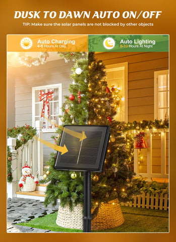 Brightown solar Christmas lights outdoor, 144ft, 400 LEDs, warm white glow for trees and patios.