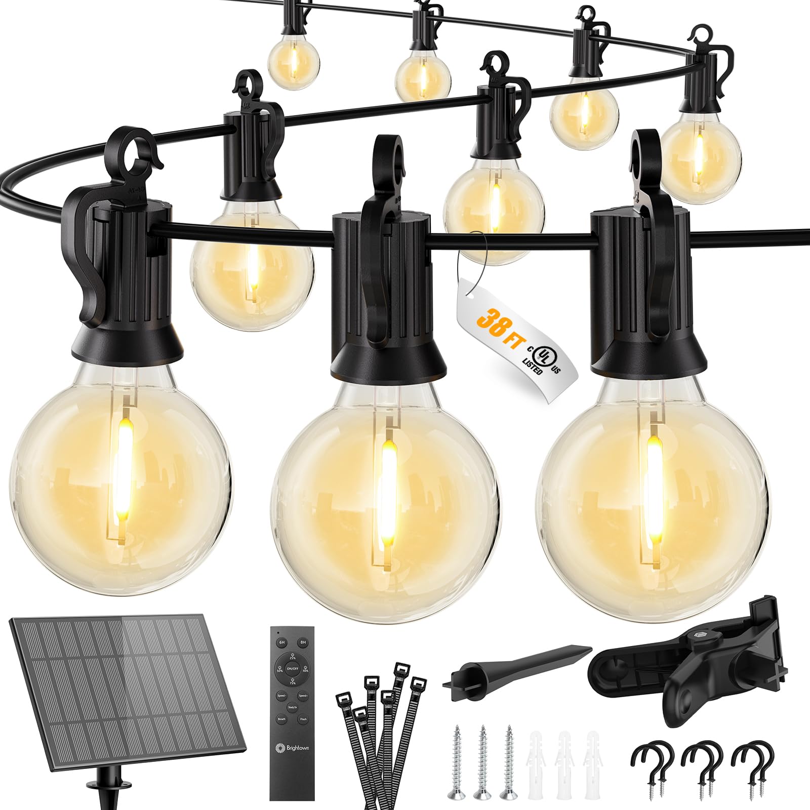 Brightown 38ft solar string lights with remote illuminate outdoor walls and patios