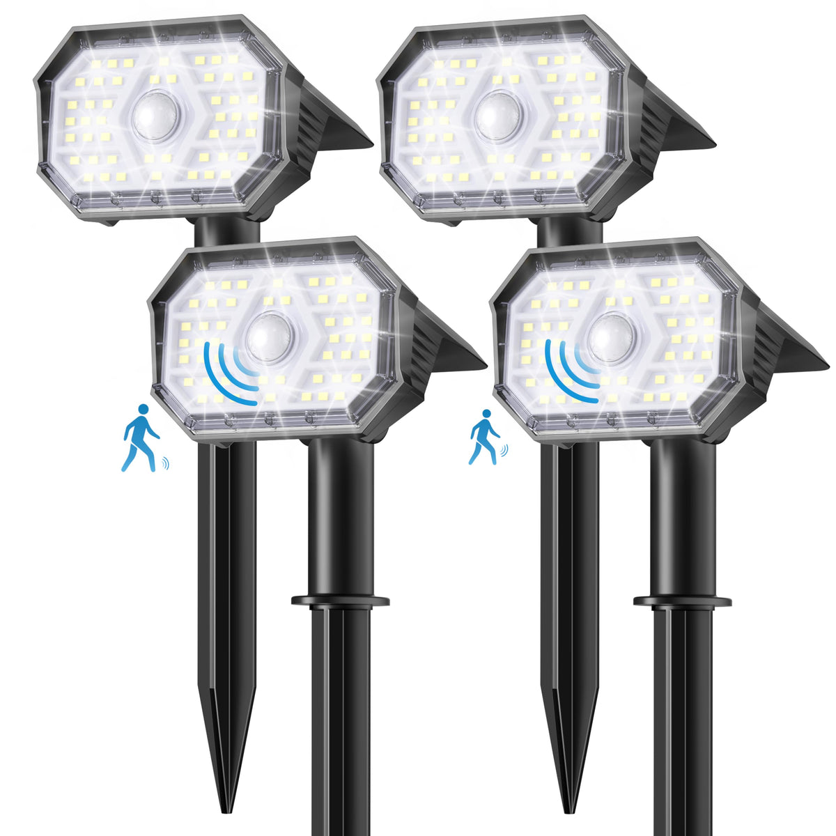 Brightown 4-pack solar motion lights outdoors, front view showing compact, weatherproof design