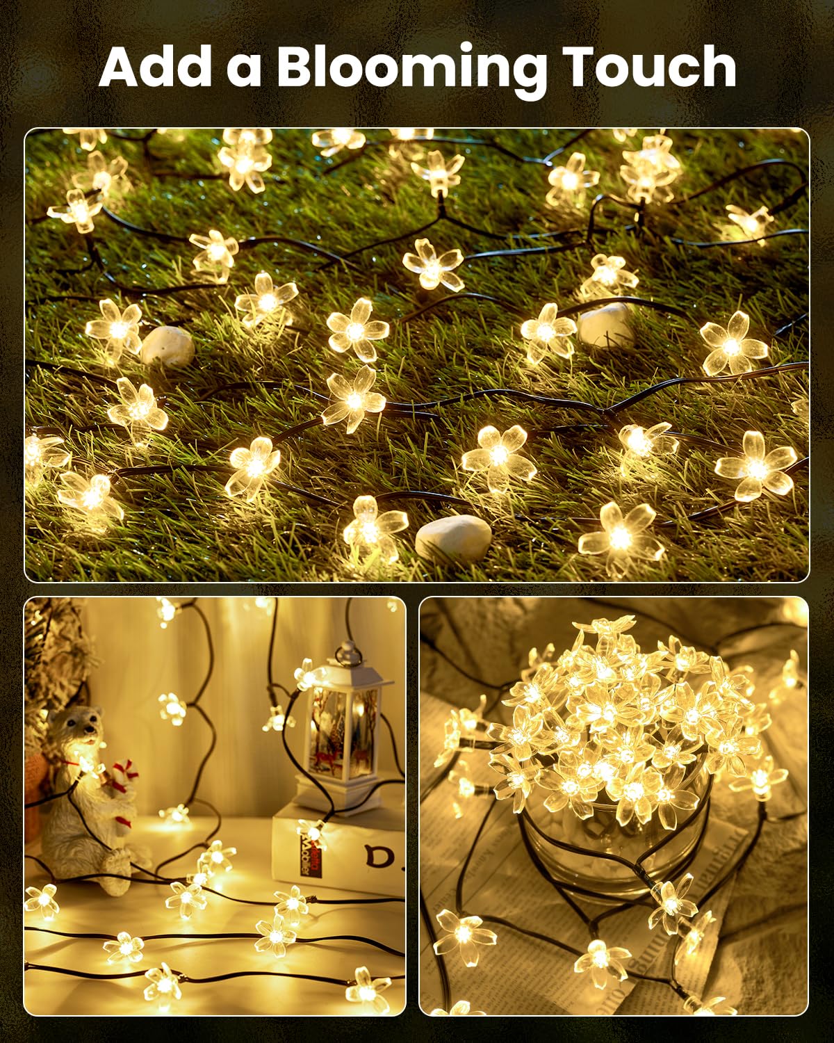 Brightown 52ft 120 LED solar lights provide warm ambience for gardens and patios