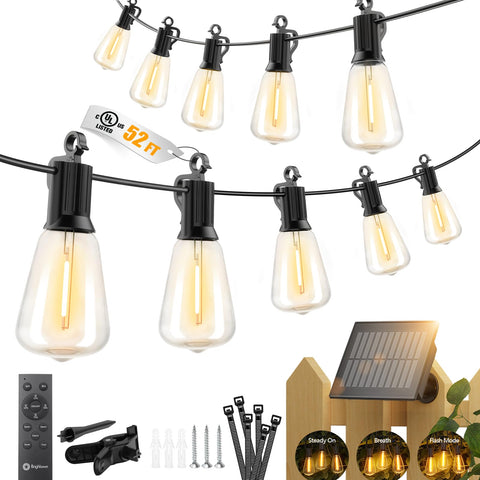 Brightown 52ft solar string lights illuminating an outdoor space without outlets.