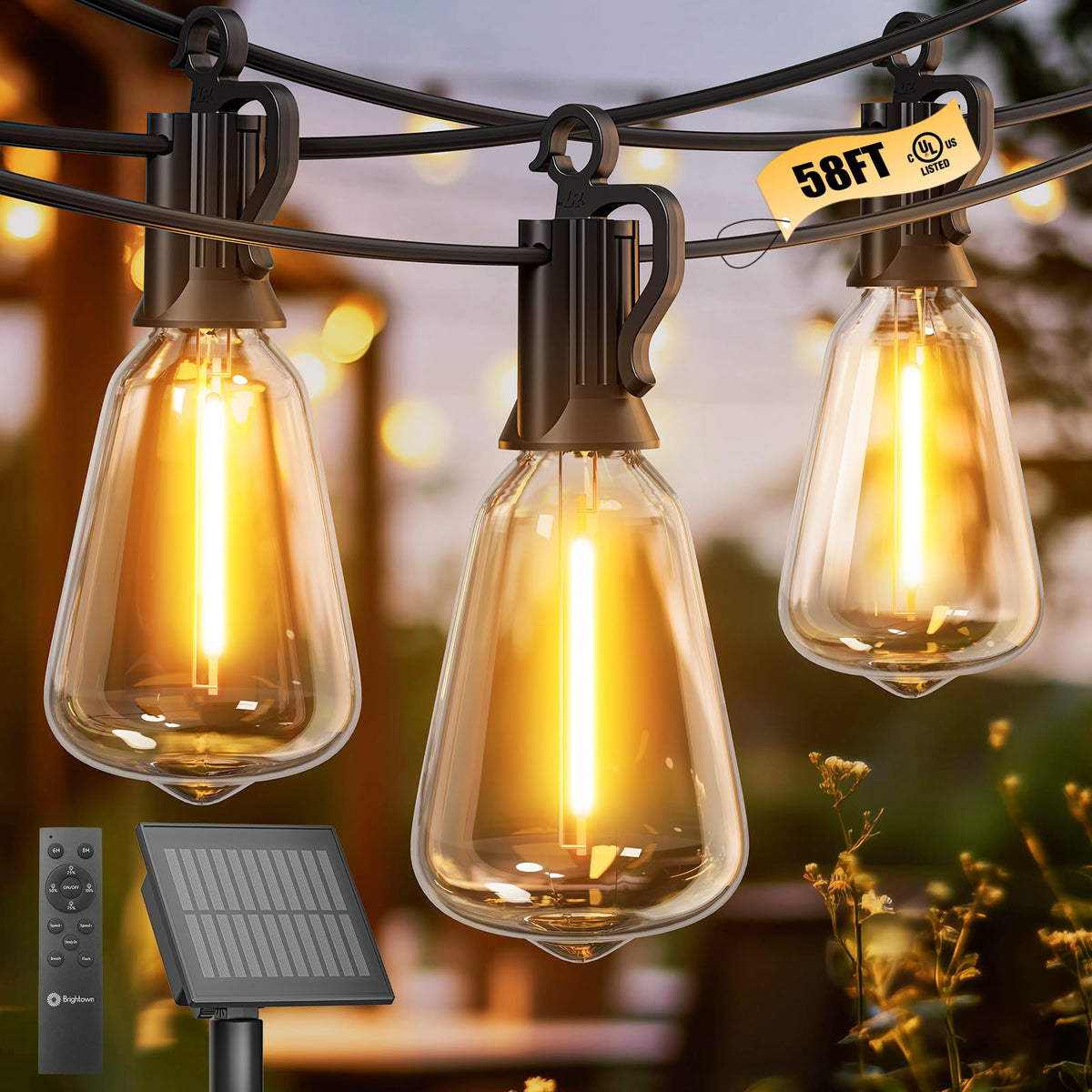 Brightown 58ft solar string lights with remote for outdoor ambiance and convenience.