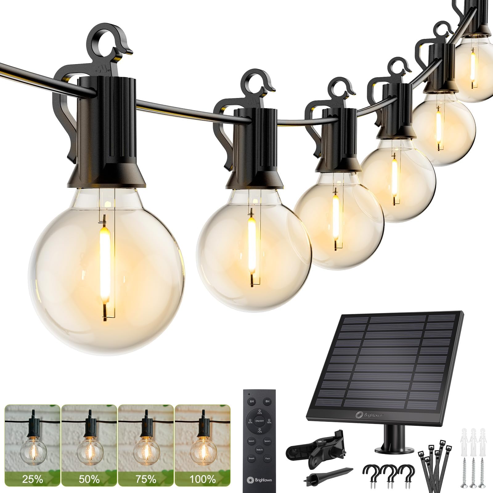 Brightown 58ft solar string lights outdoors with shatterproof bulbs for patio ambiance.