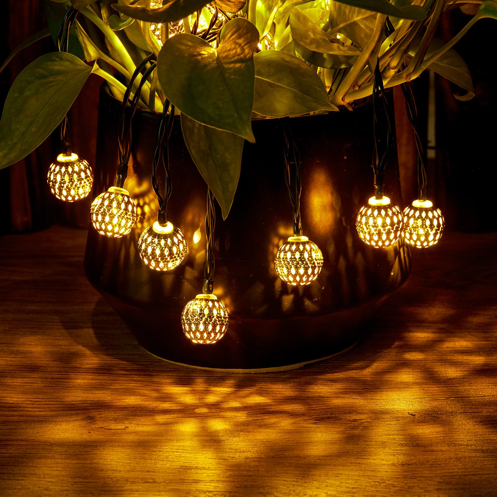 Brightown 60 LED solar string lights provide warm white glow for patios.
