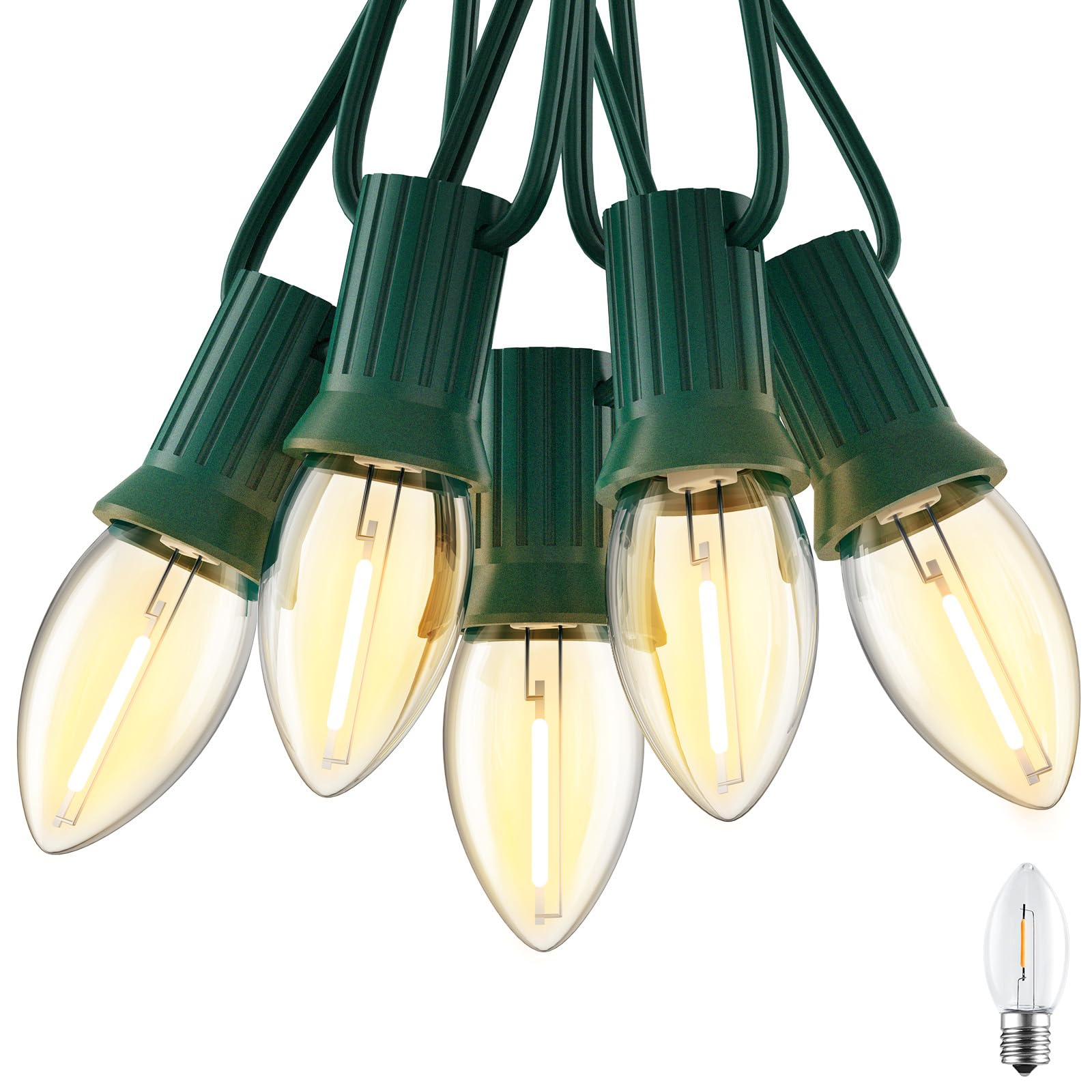 Brightown C7 clear LED bulbs glow warmly for outdoor decor.