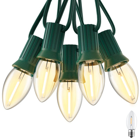 Brightown C7 clear LED bulbs glow warmly for outdoor decor.