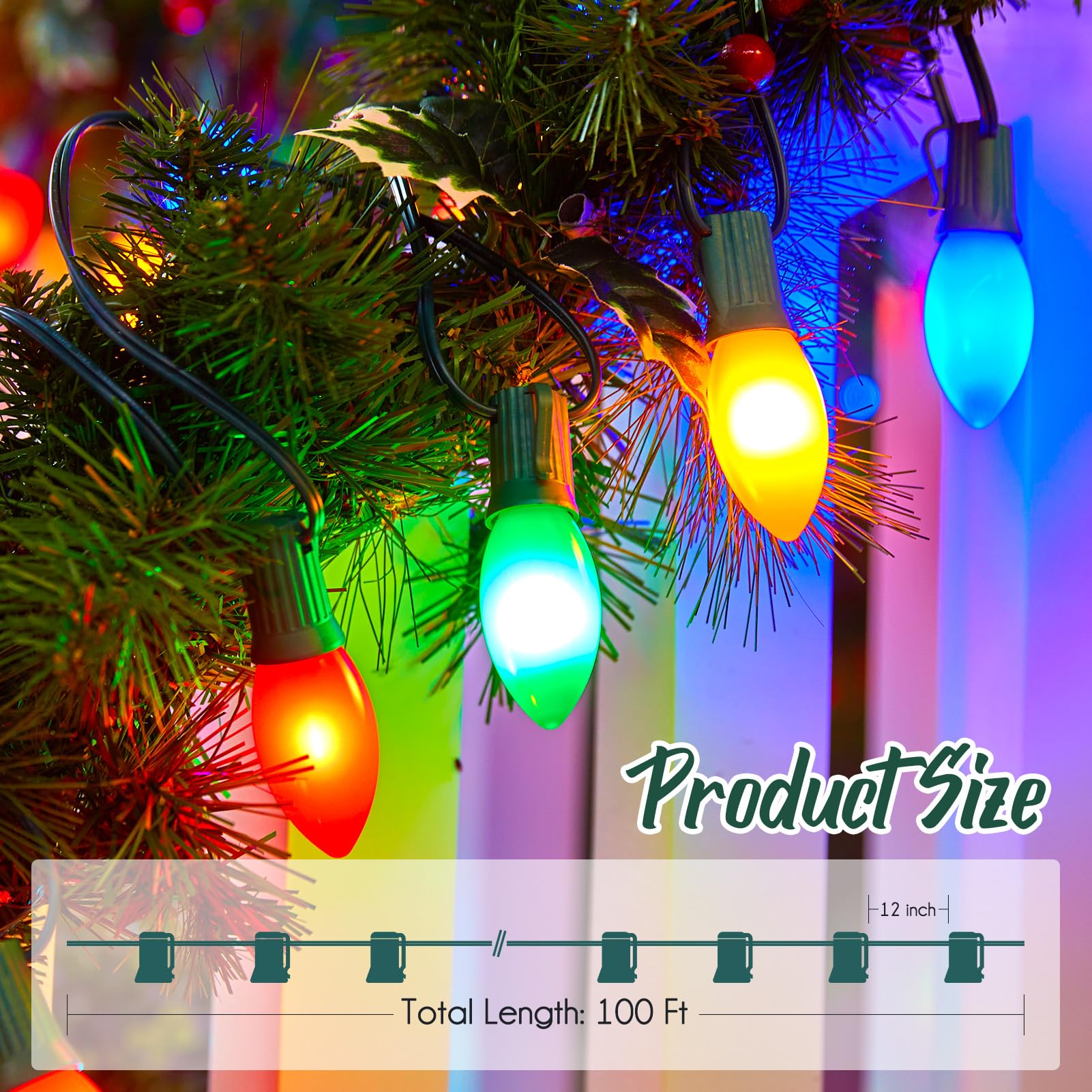 Brightown C9 light strand featuring 100 sockets enables versatile festive lighting around trees.