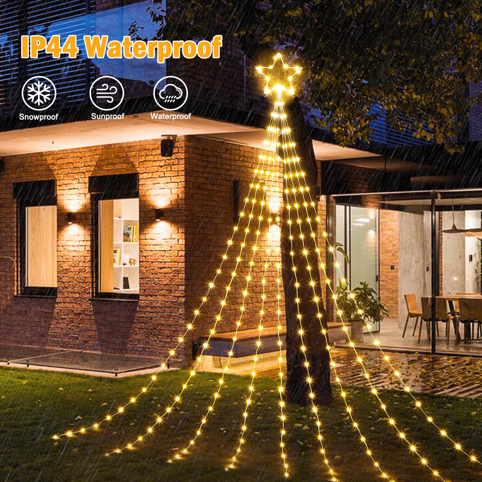 Brightown nine-string waterfall lights create lush, warm illumination for outdoor walls.