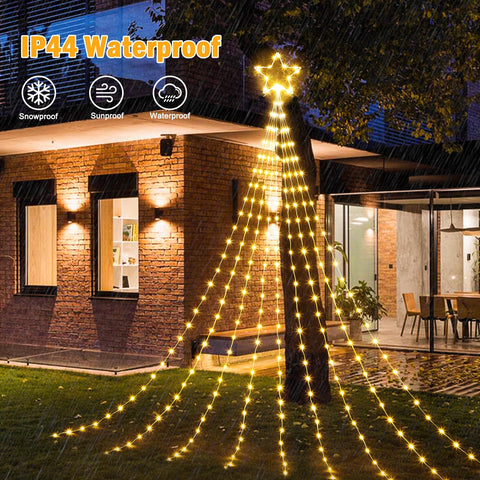 Brightown nine-string waterfall lights create lush, warm illumination for outdoor walls.