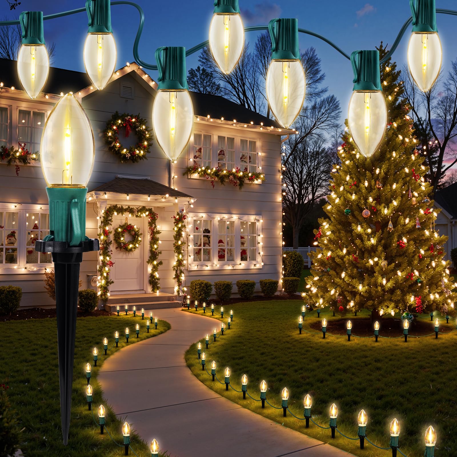 Brightown Christmas pathway lights 26ft illuminate walkways with a warm white glow.