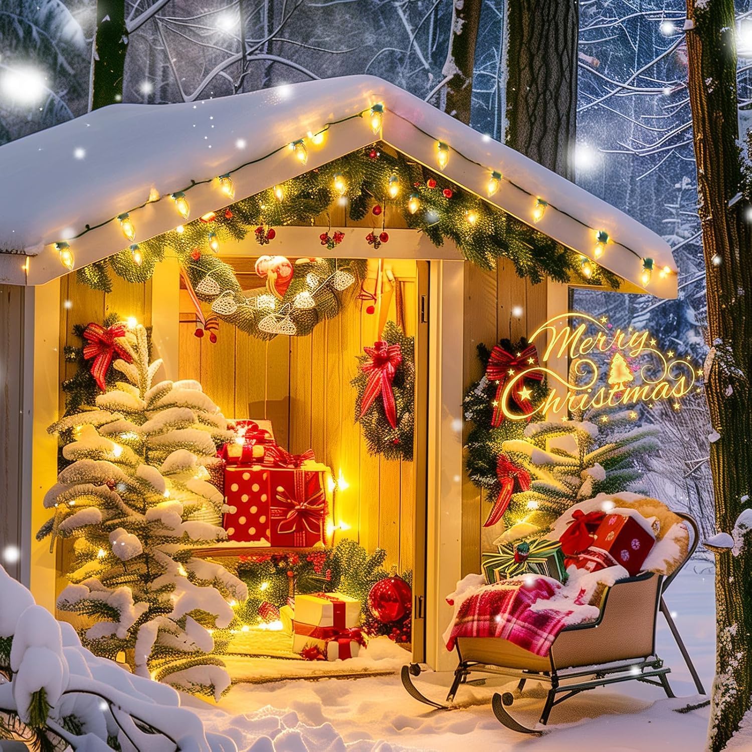 Brightown bulbs wrapping columns and trees for magical outdoor decor.