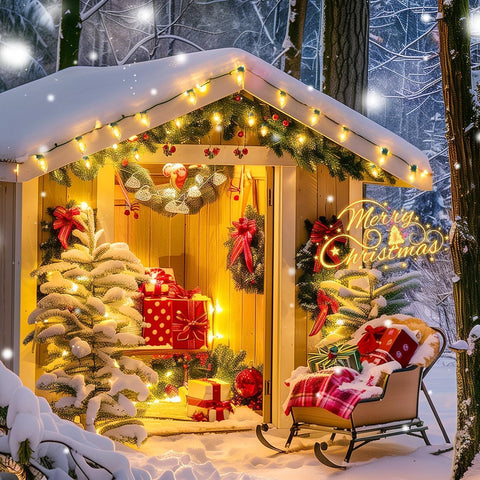 Brightown bulbs wrapping columns and trees for magical outdoor decor.