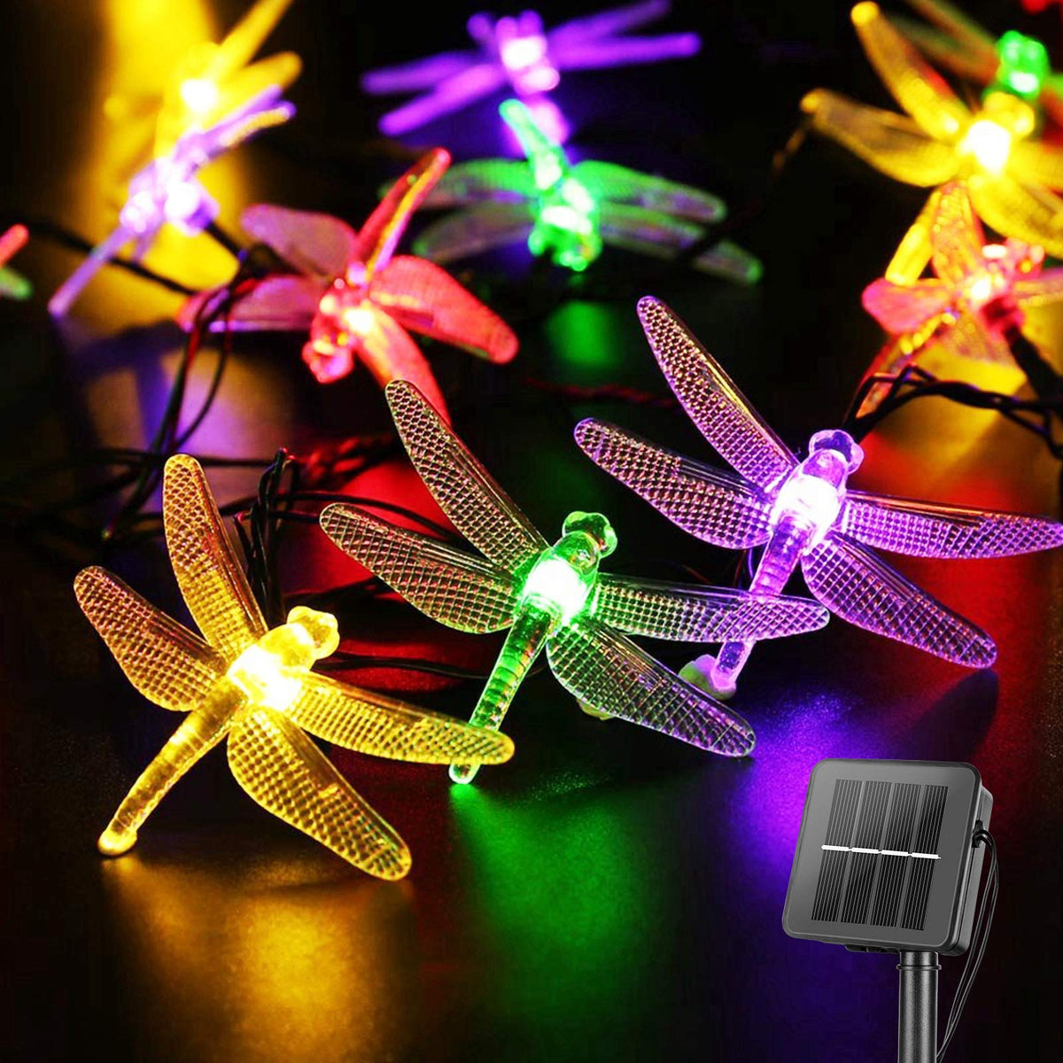 Brightown Dragonfly solar string lights illuminate a patio with outdoor ambiance