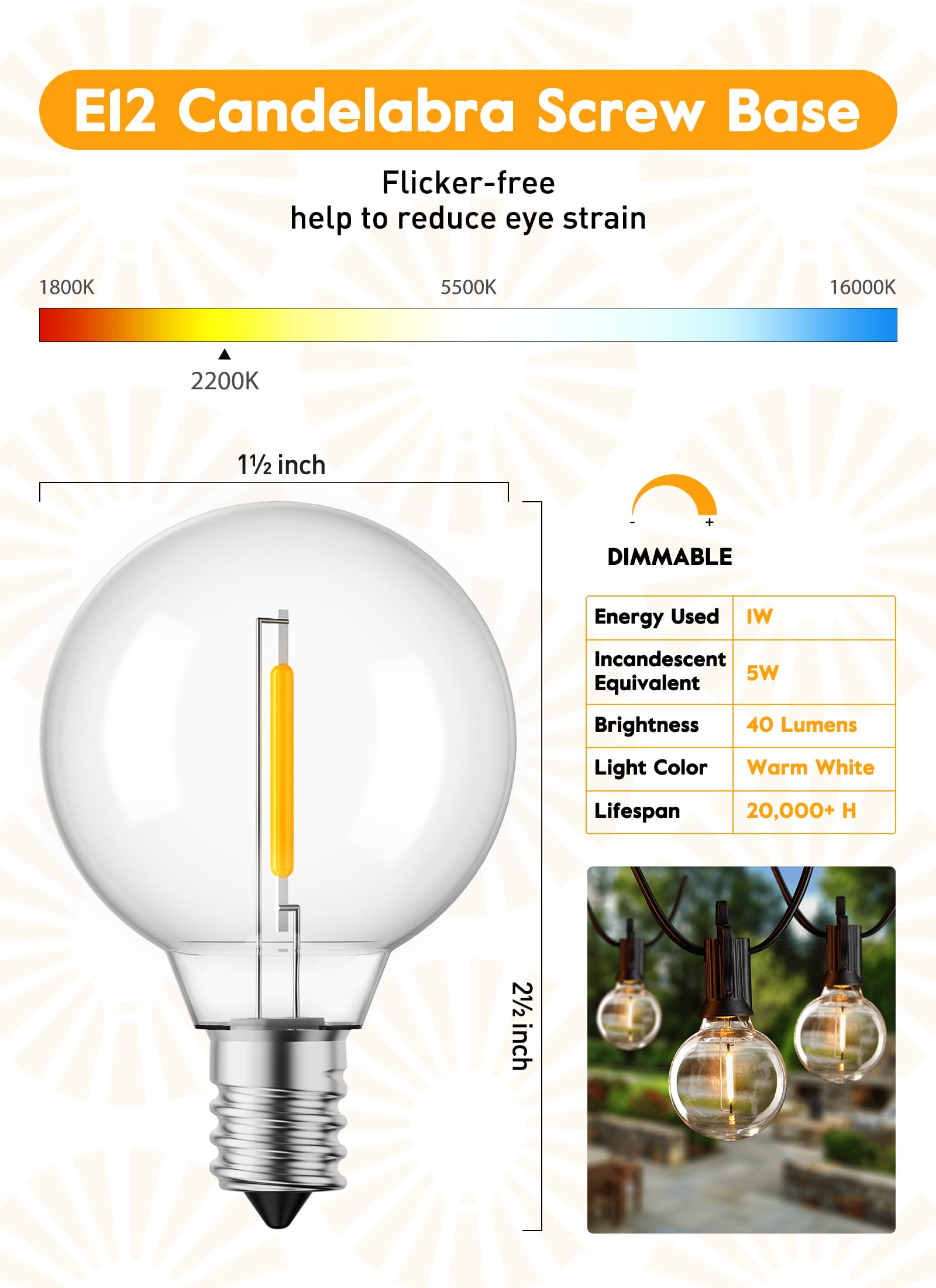 Brightown G40 LED dimmable globe provides warm white glow for outdoor décor.