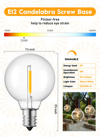 Brightown G40 LED dimmable globe provides warm white glow for outdoor décor.