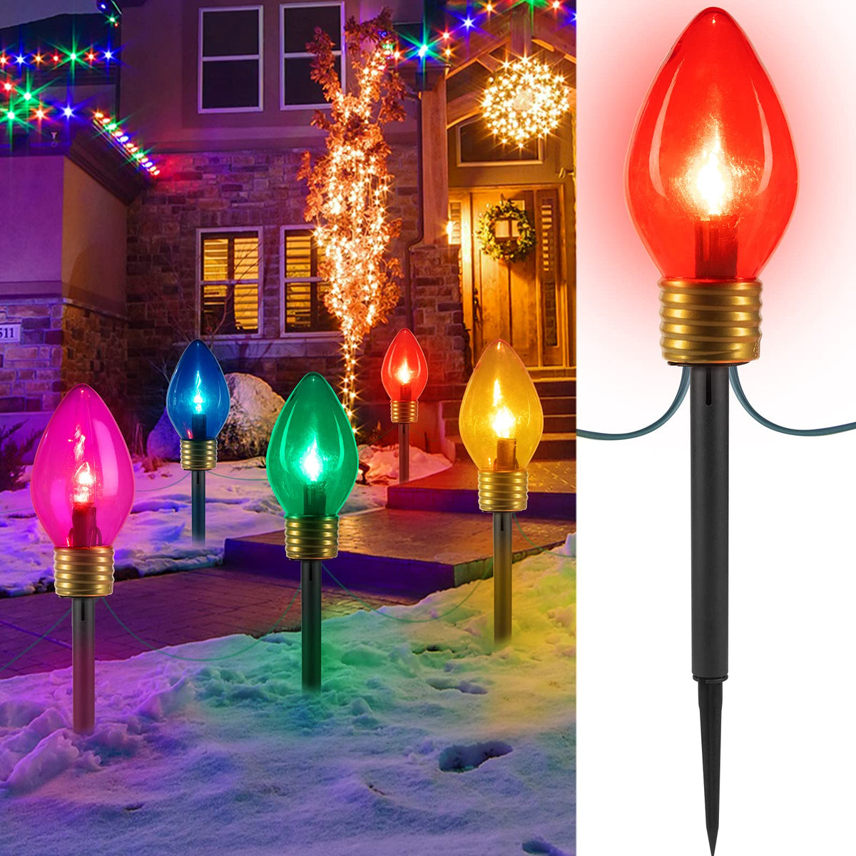 Brightown jumbo C9 pathway lights illuminate walkways with vibrant bulbs