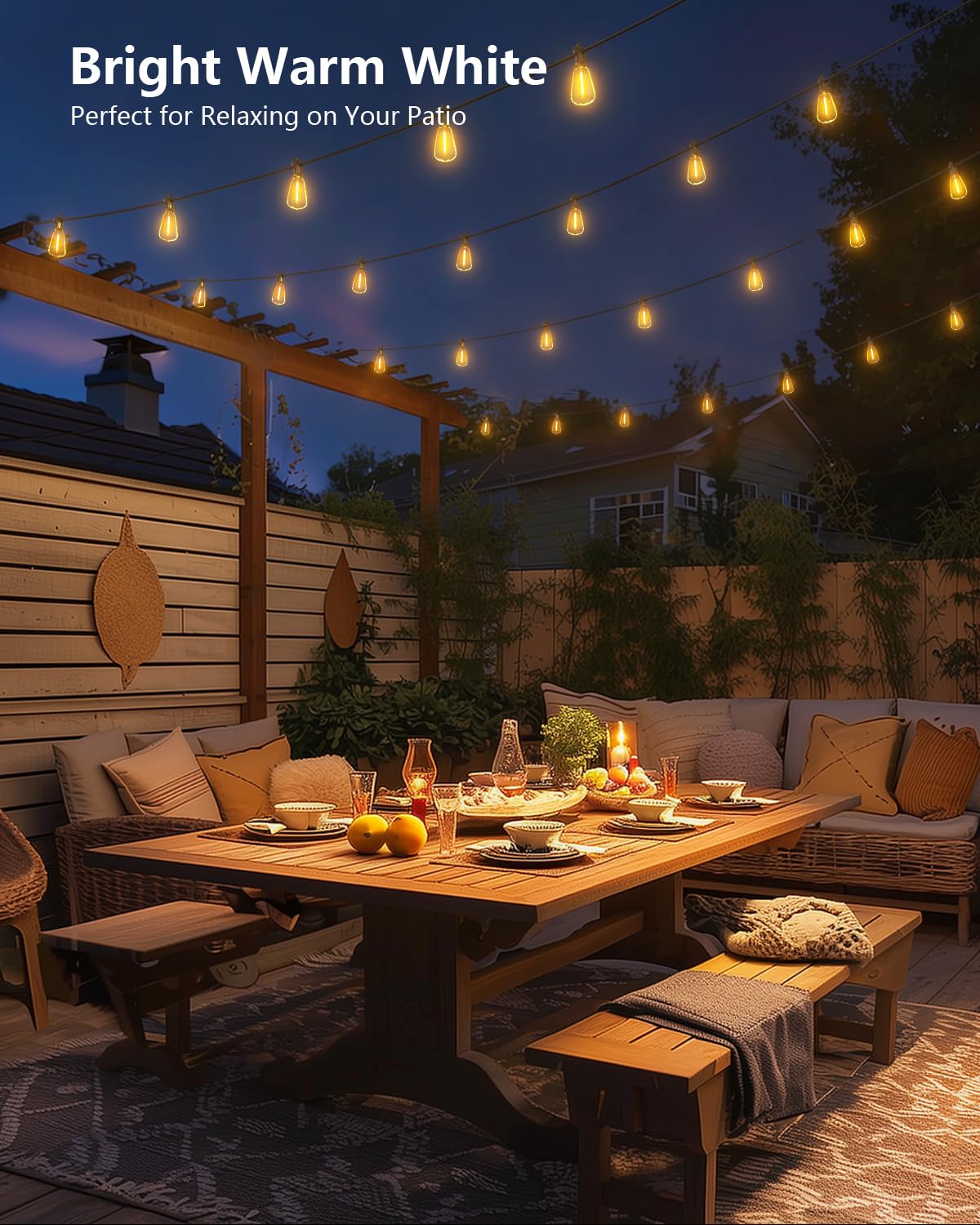 Brightown lights draped over a pergola offer cozy dusk ambience.