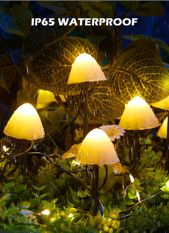 Brightown mushroom decorative lights illuminating a yard with playful charm.