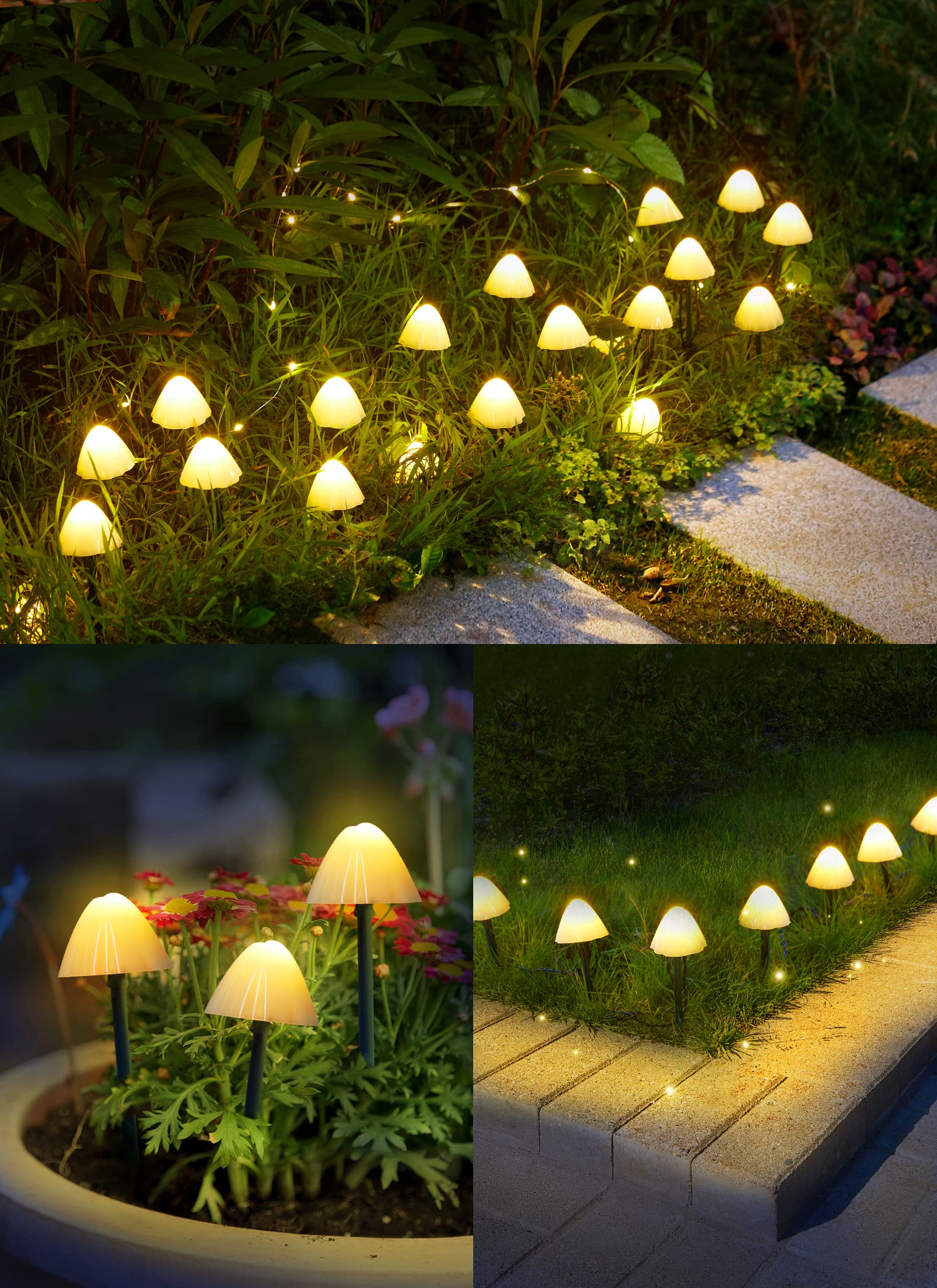 Brightown mushroom string lights along a 32.8ft path brighten a garden walkway.