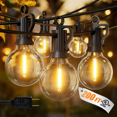 Brightown outdoor string lights 200ft glow for patios, decks, and backyards.