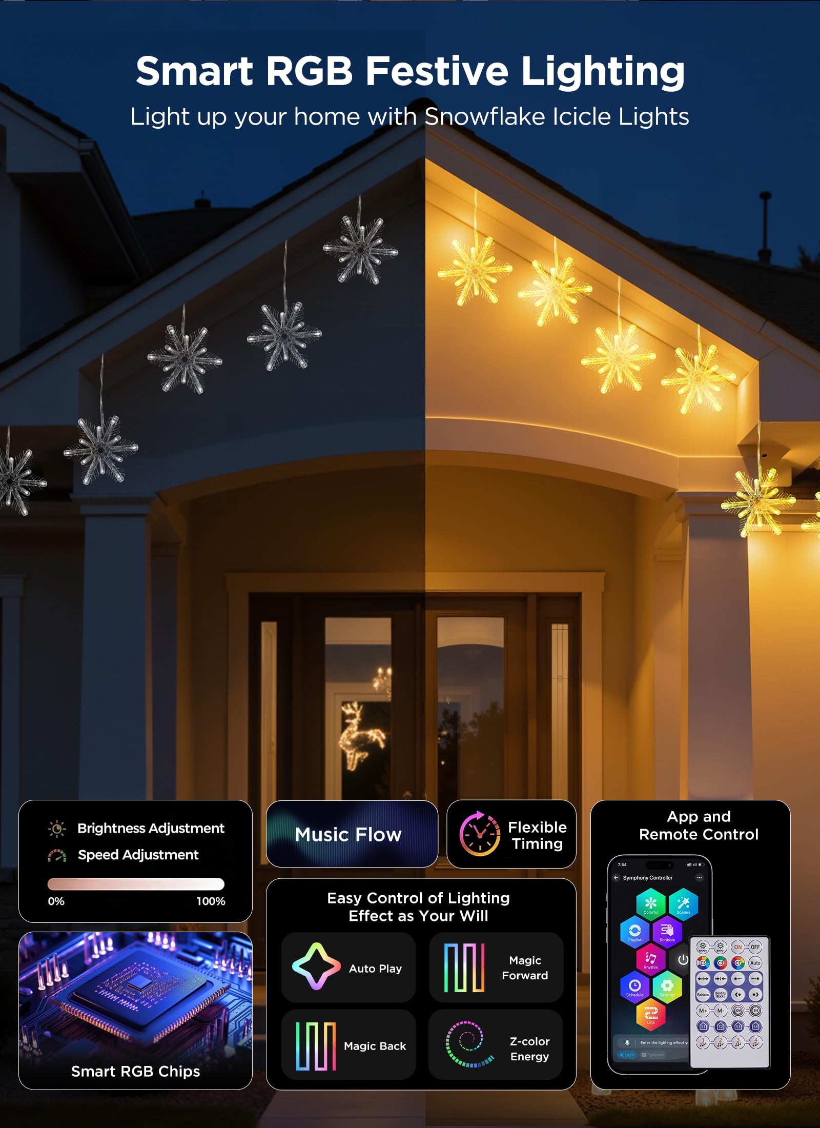 Brightown outdoor waterproof snowflake lights withstand rain and snow for year-round use.