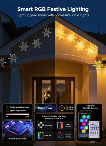 Brightown outdoor waterproof snowflake lights withstand rain and snow for year-round use.