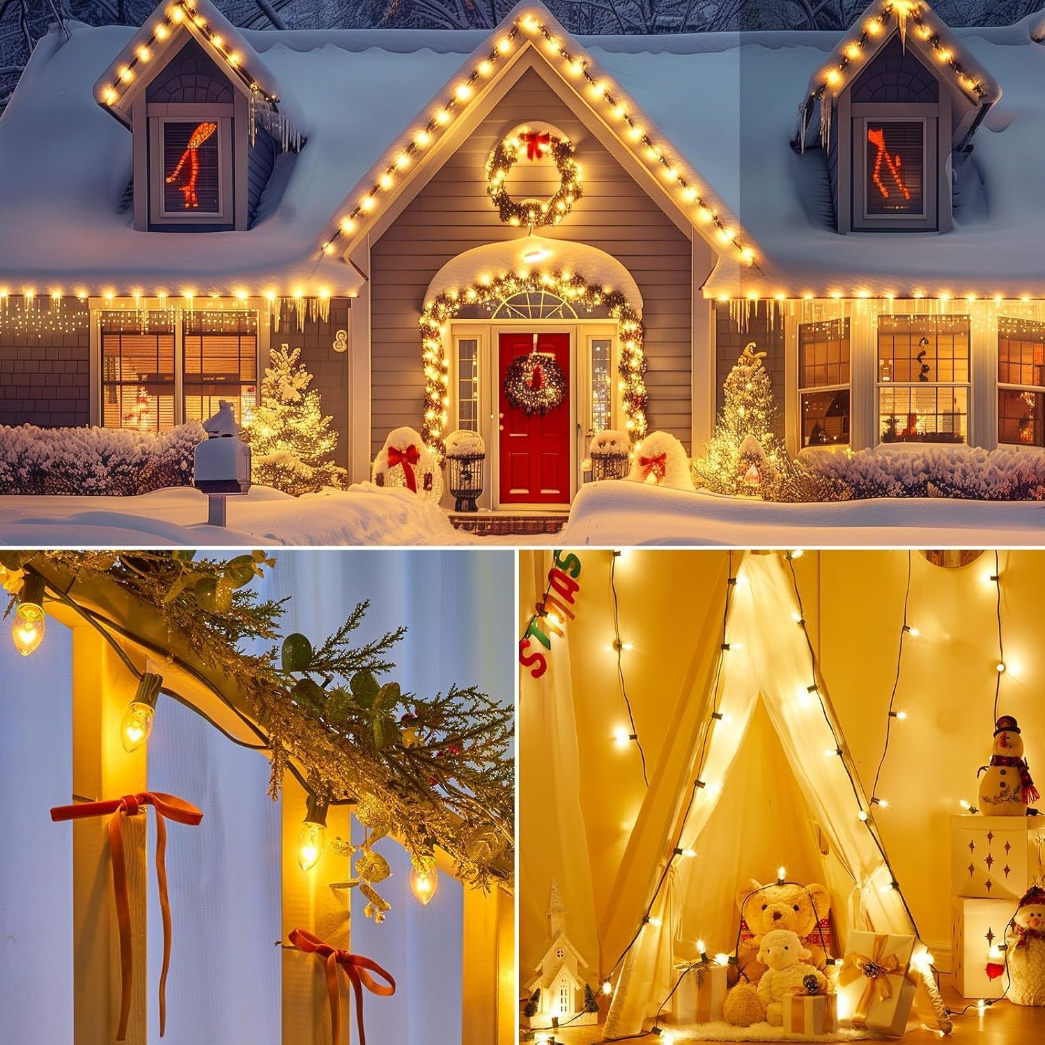 Brightown C7 bulbs for roofline accents in outdoor holiday displays.