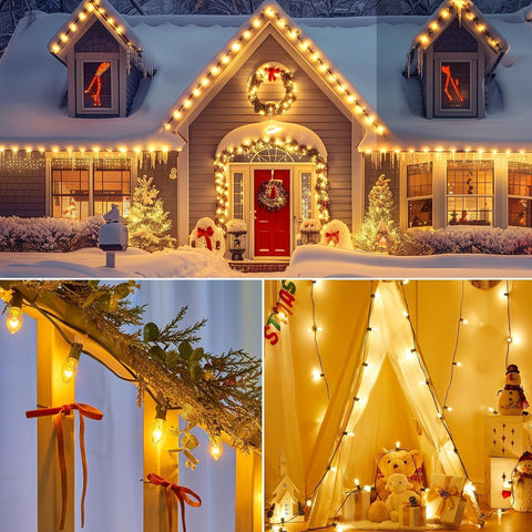 Brightown C7 bulbs for roofline accents in outdoor holiday displays.