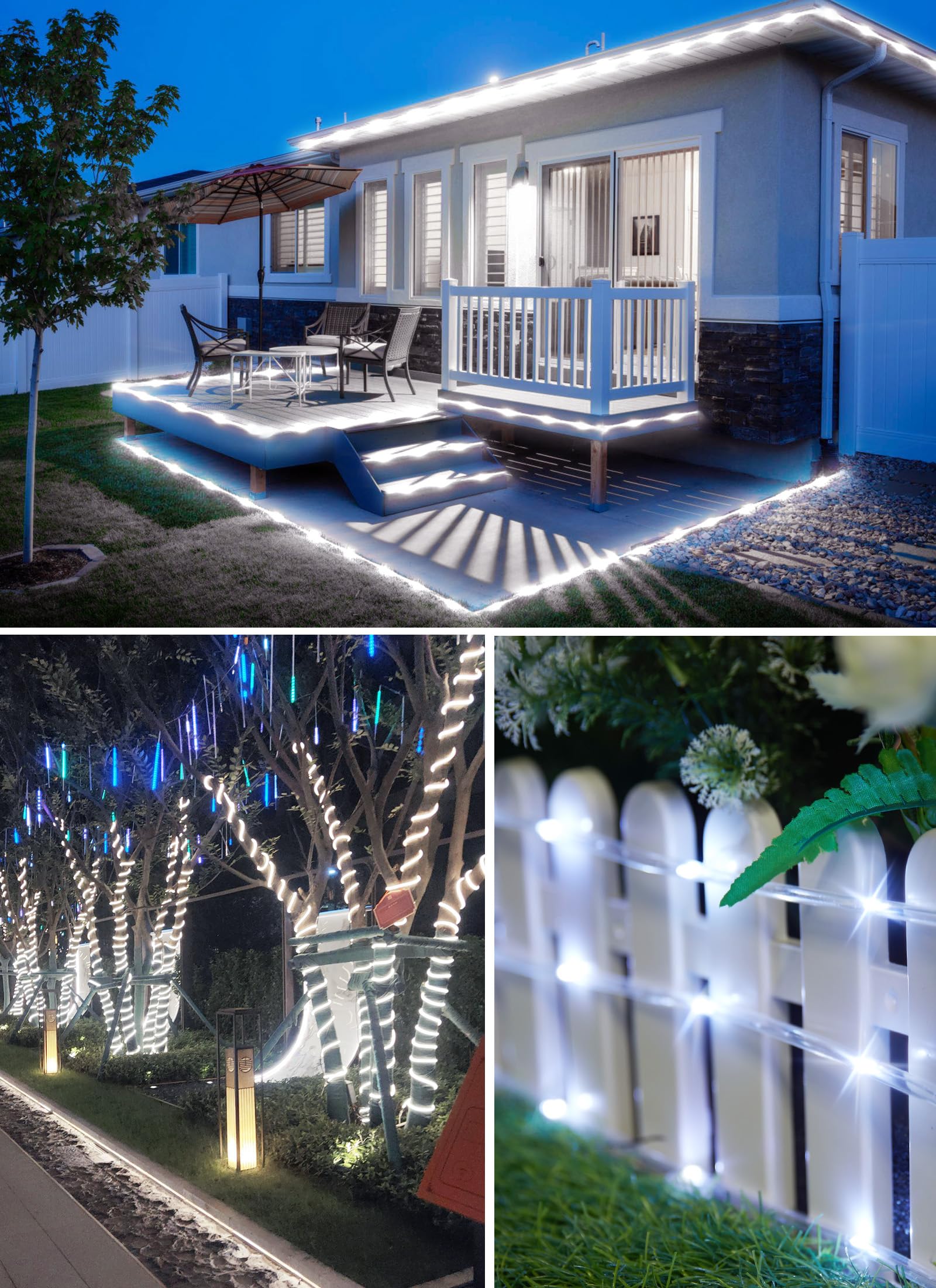 Brightown rope lights mounted on fence with clips for secure outdoor decorating.
