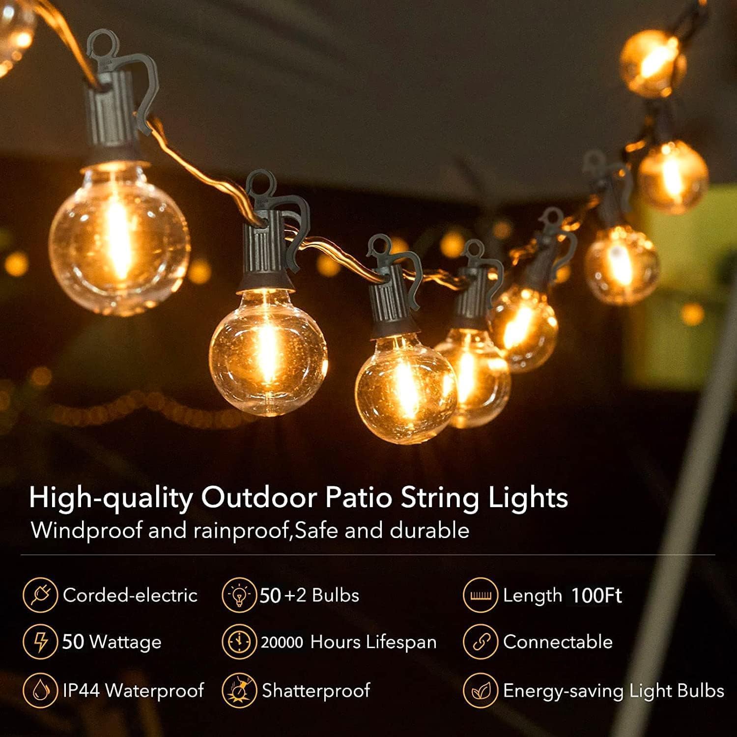 Brightown shatterproof plastic bulbs for safe, long-lasting patio lighting.