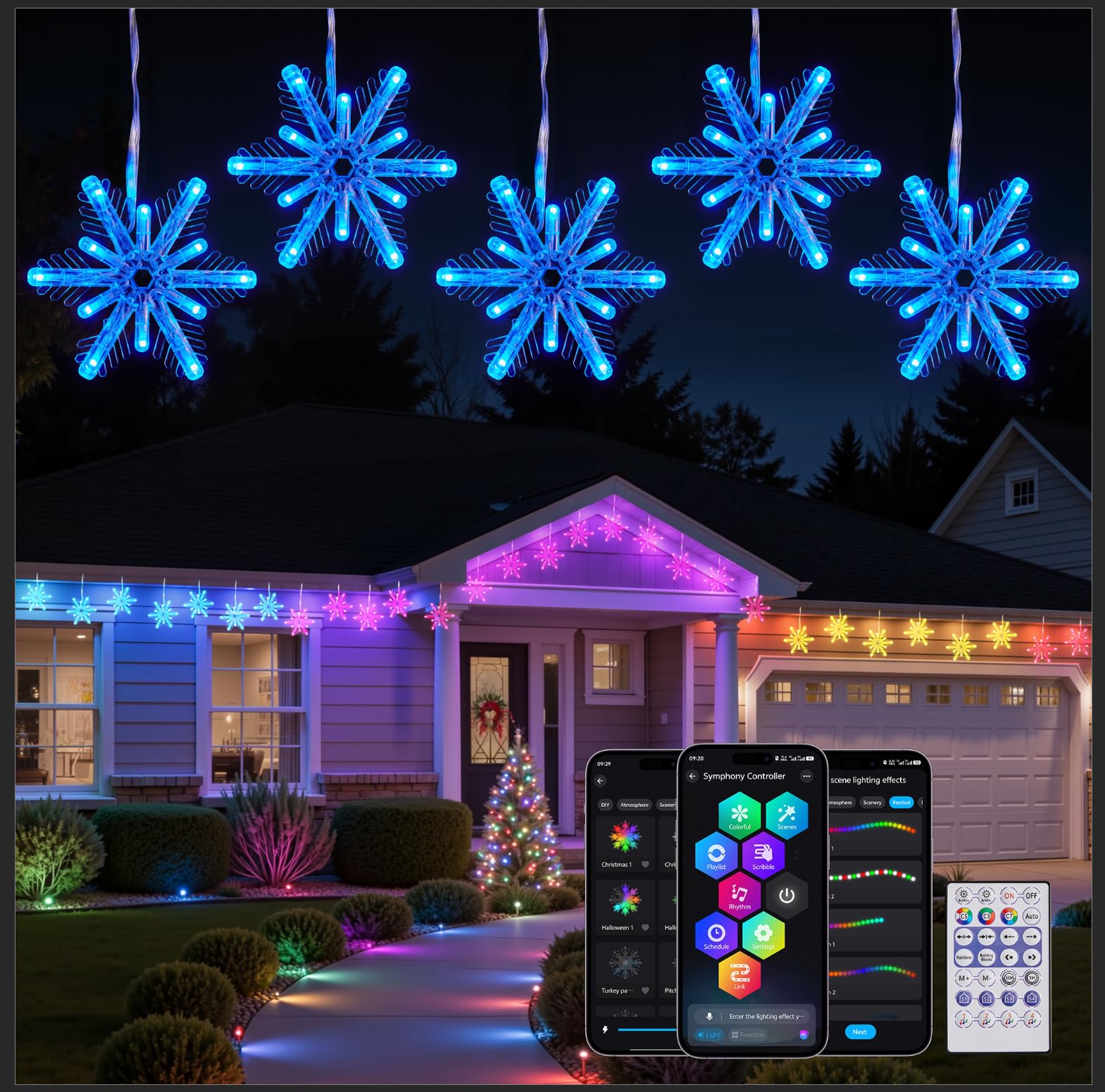 Brightown snowflake lights 12ft front view brighten the porch with vibrant color.