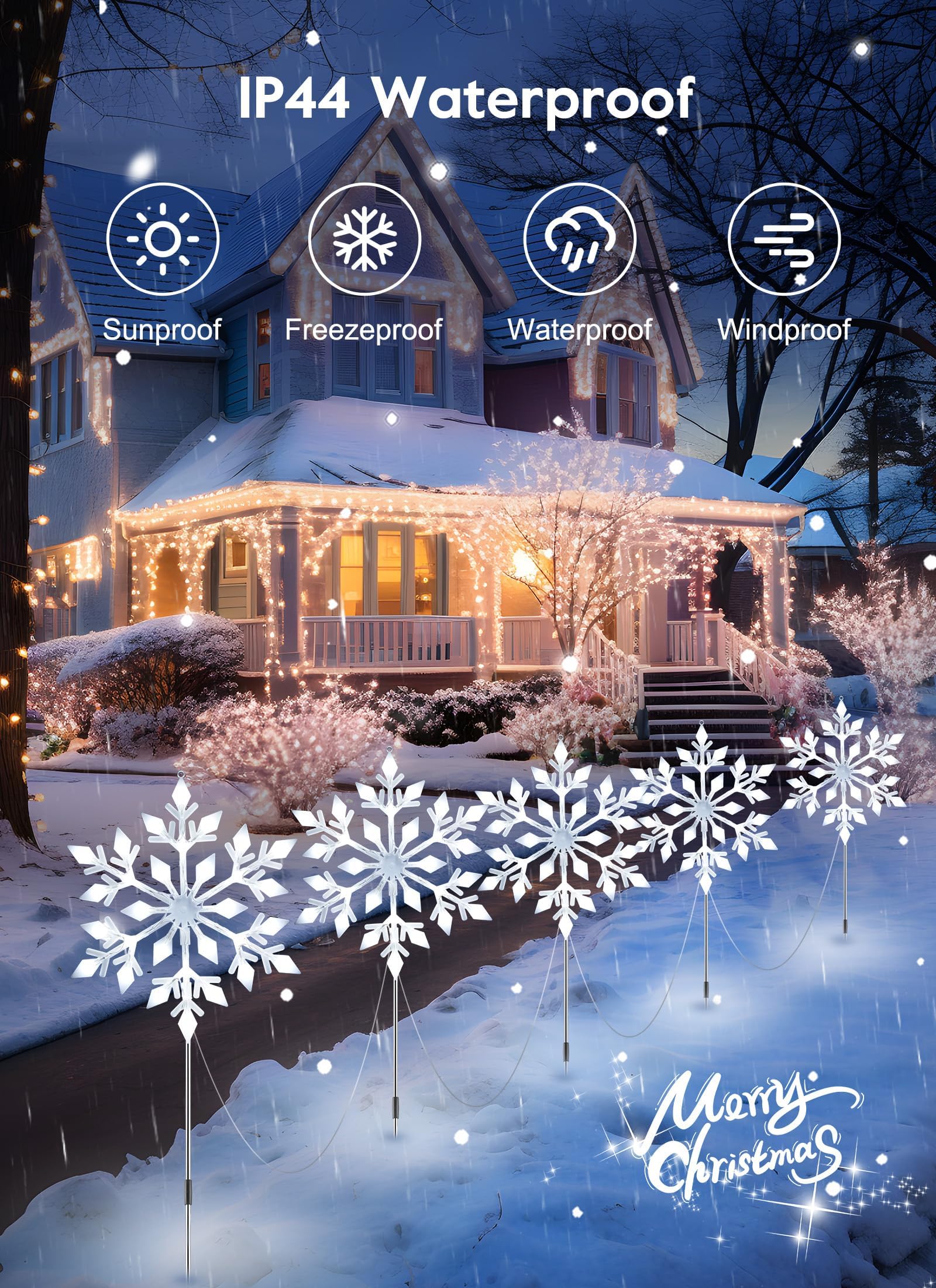 Brightown Snowflake Lights IP44 Weatherproof offer durable, all-season outdoor décor.