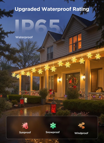 Brightown snowflake lights IP65 waterproof housing for all-weather use.