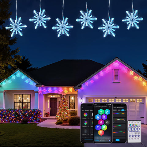 Brightown snowflake lights outdoors with 24ft length and 16 drops for tree and roof displays.