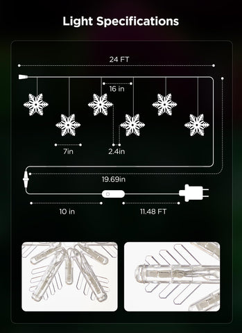 Brightown snowflake lights decorate roof, yard, and windows with drama.