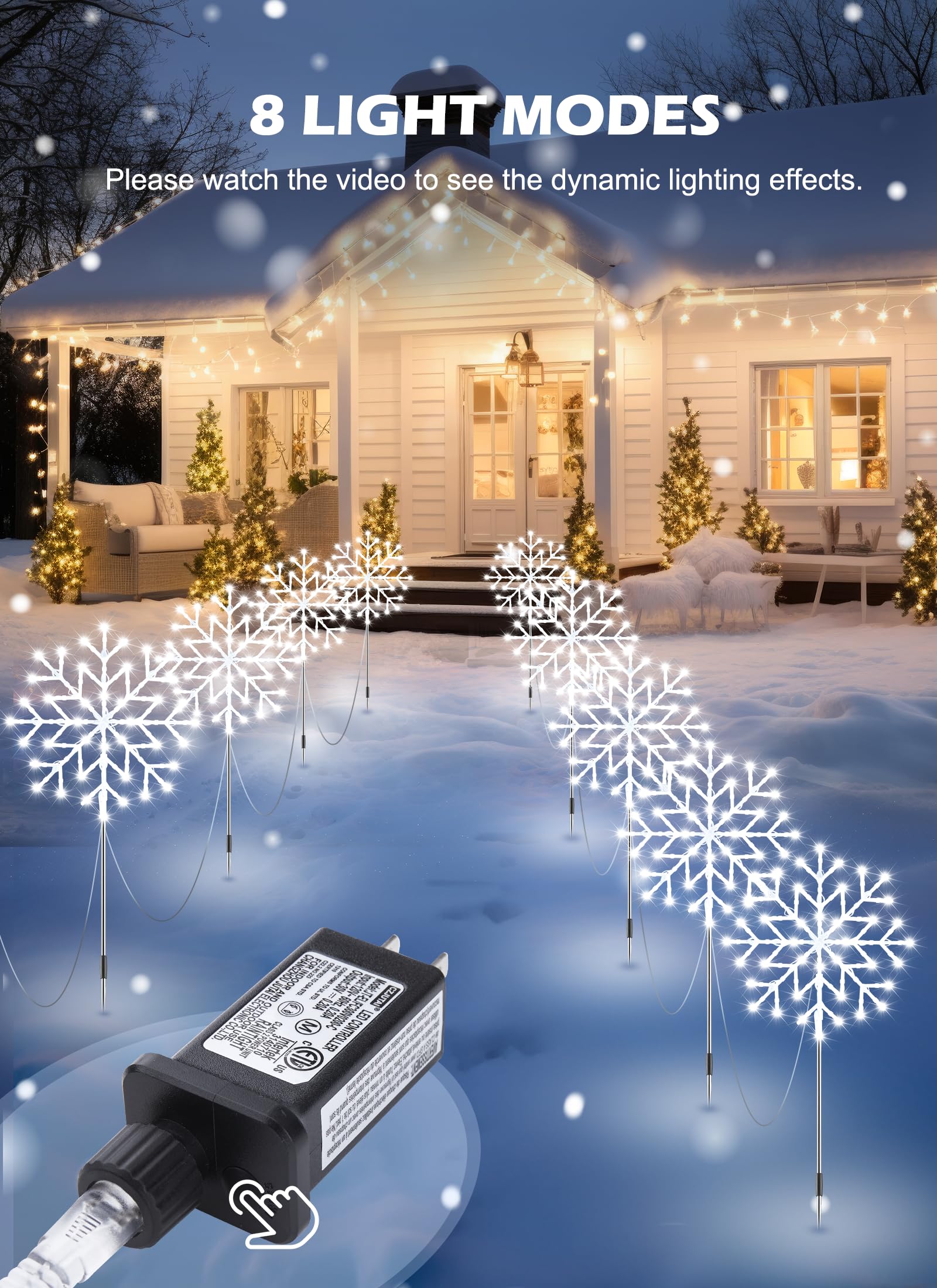 Brightown Snowflake Lights with 22-inch stakes illuminate driveways with steady brightness