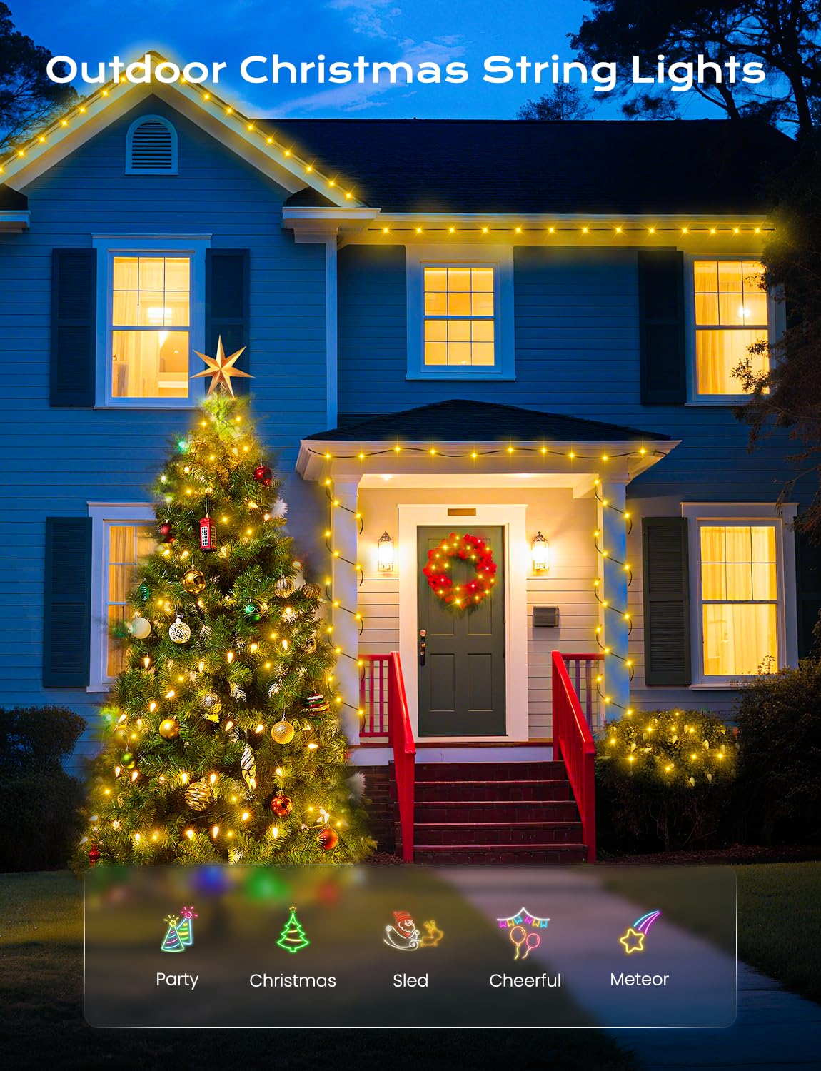 Brightown C6 strawberry lights on the front door create welcoming festive glow.
