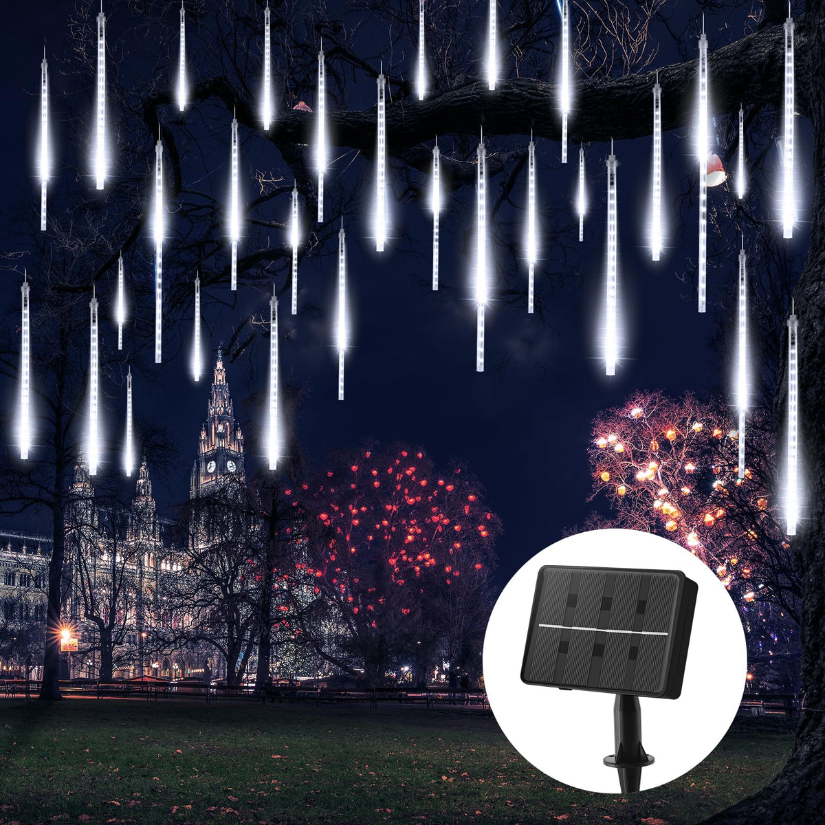 Brightown solar meteor shower with 16 tubes lights up outdoor spaces at dusk.