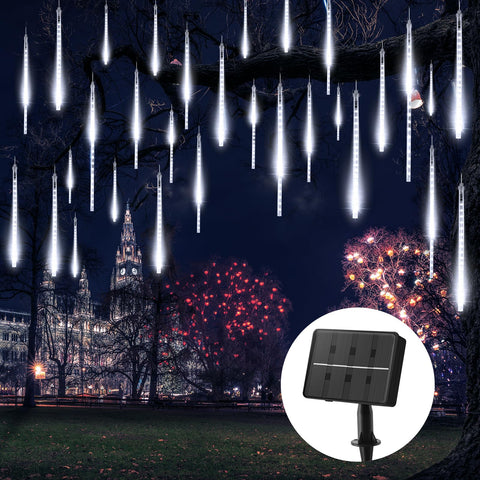 Brightown solar meteor shower with 16 tubes lights up outdoor spaces at dusk.