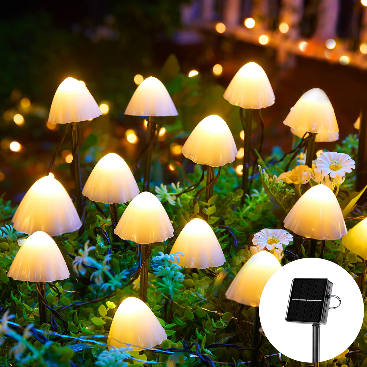 Brightown solar mushroom lights on a fence provide elegant outdoor border lighting.