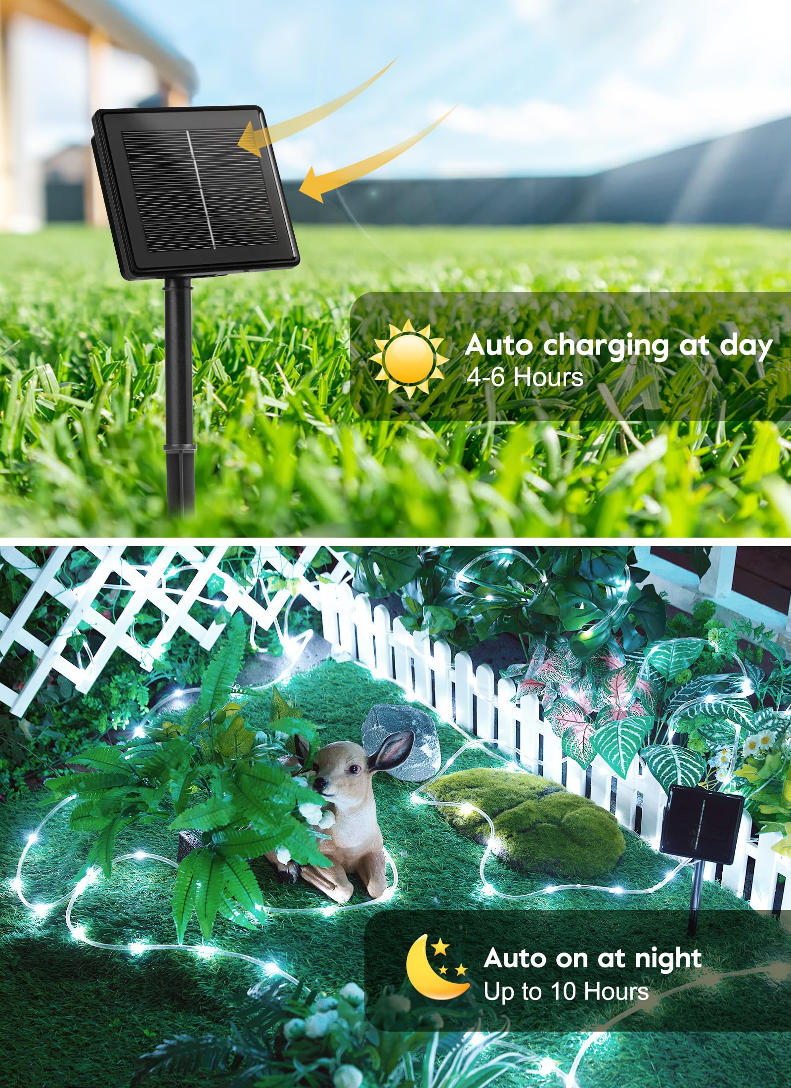 Brightown solar rope lights around an umbrella for intimate outdoor dining.