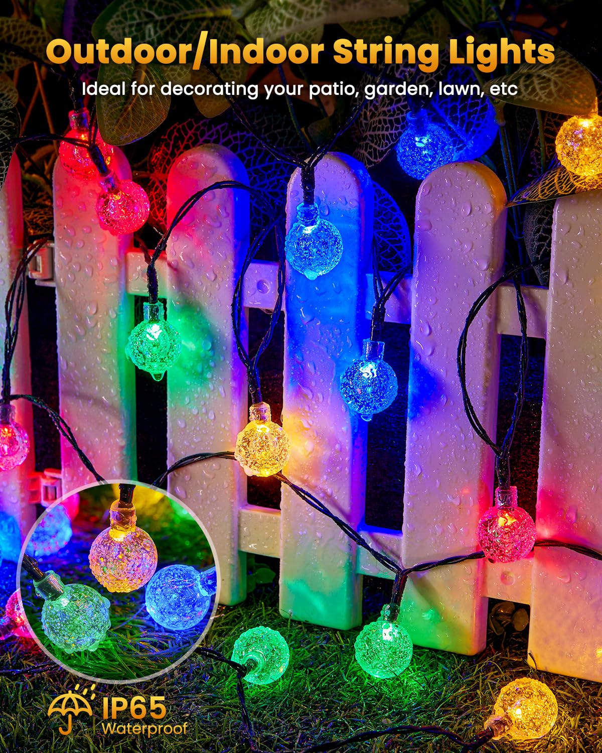 Brightown string lights twinkle along a backyard fence for ambiance.