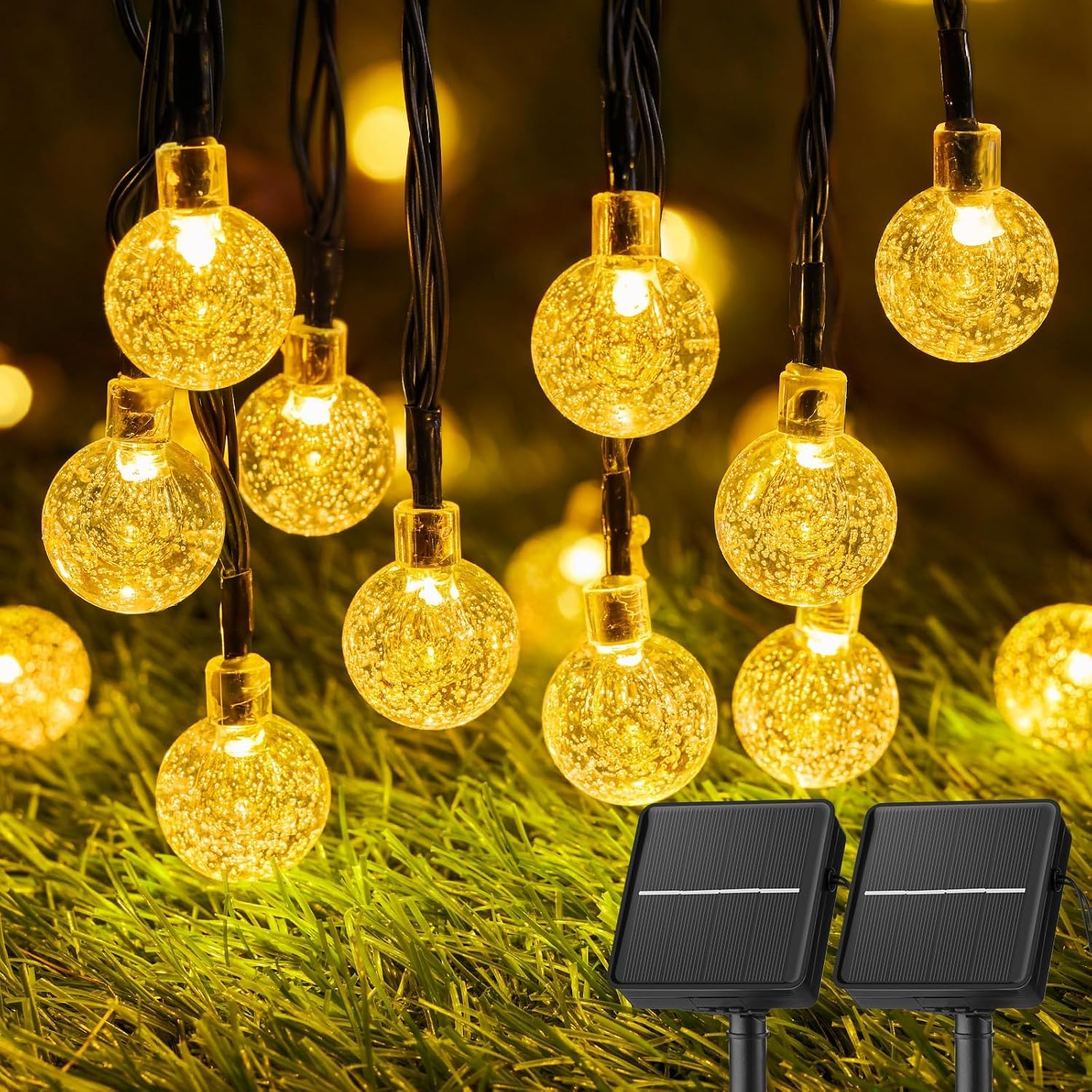 Brightown solar string lights for outdoor installation with ambient courtyard lighting.