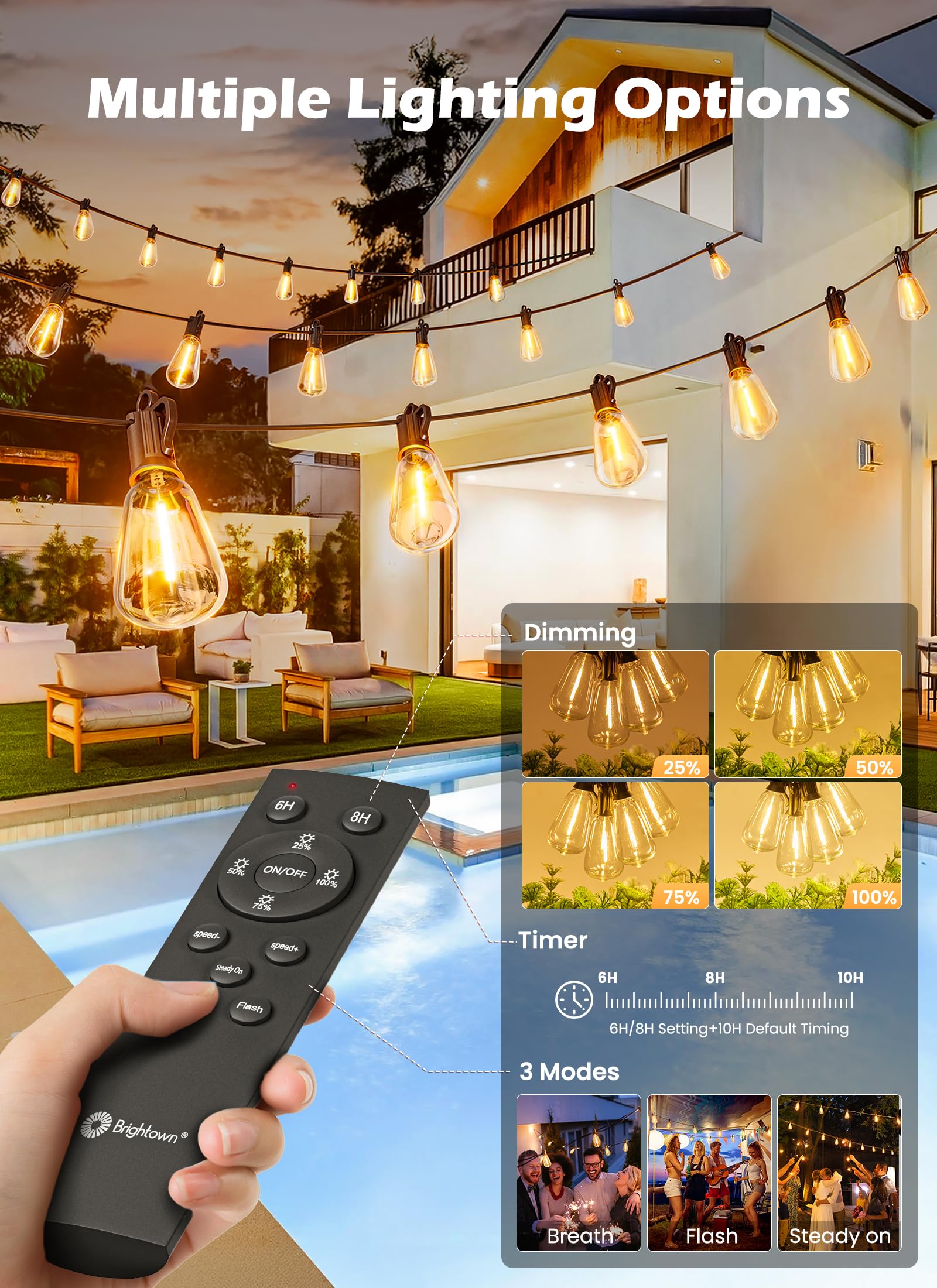Brightown USB and solar charging provide flexible power options.