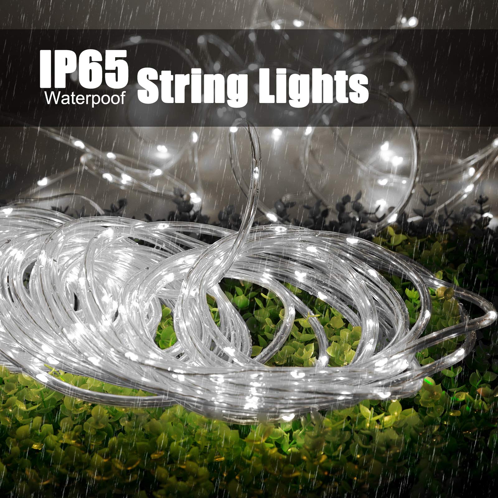 Brightown warm white solar rope lights illuminate the garden with ambient glow.