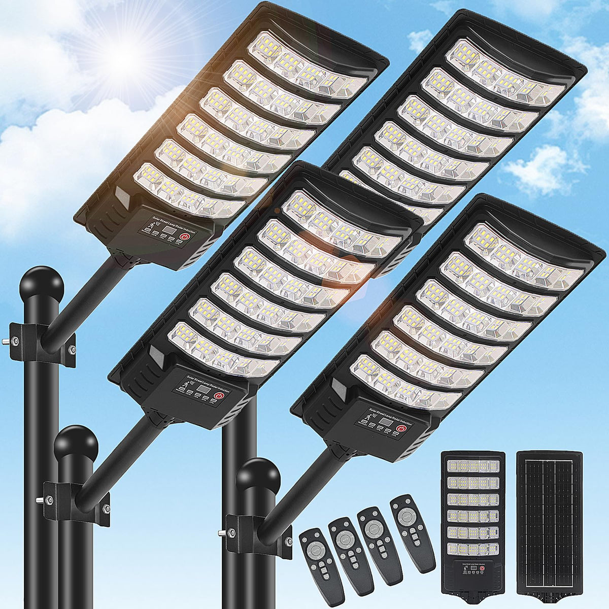 BrightWe 4-pack solar street lights mounted on a pole for outdoor illumination.